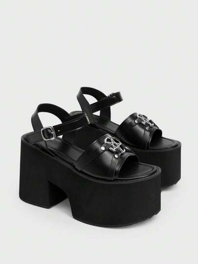 Sugerpunk Punk Rock Thick Sole Women's Strap Sandals, Gothic Style Chunky Heel Open Toe Retro Rock Star Pattern Decor, Fashion Ankle Strap Metal Buckle Comfortable Casual Platform Wedge Shoes