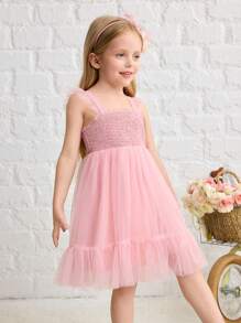 SHEIN Leap Crew Young Girl Cute Cap Sleeve Ruffle Trimmed Mesh Overlay Dress - Pink - View 8