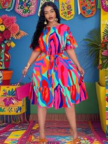 Slaydiva 大码女式抽象亮色印花 A 字型度假休闲连衣裙 - 彩色 - 查看 2