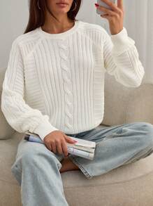 SHEIN White Cable Knit Sweater – Crew Neck Loose Fit Textured Knitwear Pullover #CableKnit #OversizedStyle #WinterFashion,Jumper,Cream Jumper,Jumpers For Women,Jumpers,Black Jumper,Womens Jumper,Women's Jumper,Women's Jumpers