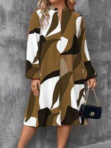 Plus Size Casual Contrast Color Print Lantern Sleeve Dress - Coffee Brown - View 5