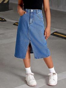 SHEIN Tween Girl'' Casual Denim Skirt With Front Slit, Fashionable And Versatile Fall Winter