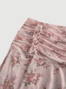SHEIN MOD Falda asimétrica hasta la rodilla de malla con estampado floral bohemio y fruncida: rosa, fluida y