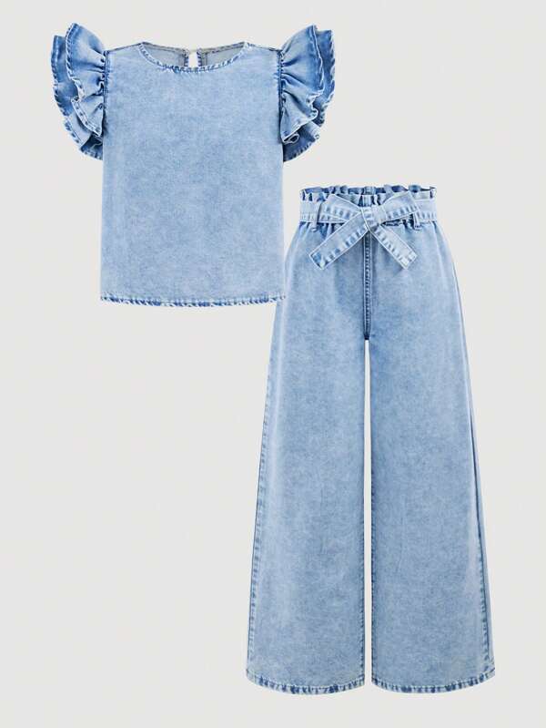 SHEIN Girlism Conjunto de dos piezas juvenil compuesto por blusa de mezclilla de cuello redondo con mangas cortas y volantes en estilo bohemio, talla grande pantalones anchos de pierna ancha de mezclilla con cinturón desmontable