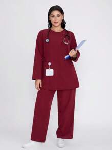 Scrubzie Plus Size Moisture-Wicking Long Sleeve Tunic & Pants Nursing/ Scrub Uniform Set - Burgundy - View 3