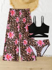 Tween Girls Leopard & Floral Print Bikini Set With Cover Up - Multicolor - View 6