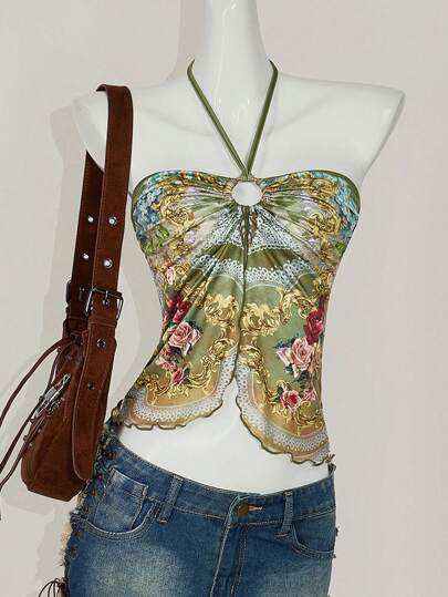 SHEIN ICON 女士花卉印花圆形连体挂脖衬衫，度假风格