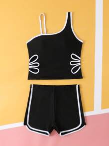 Tween Girl  Asymmetric Neckline Black And White Hollow Tankini Swimsuit Set - Multicolor - View 6