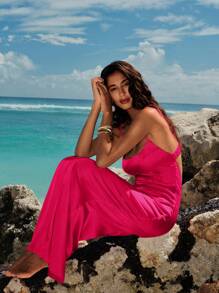 Opulessa 1 chiếc váy bó dệt màu trơn dành cho nữ có dây đeo mảnh - Màu Hồng Tươi - Xem 7