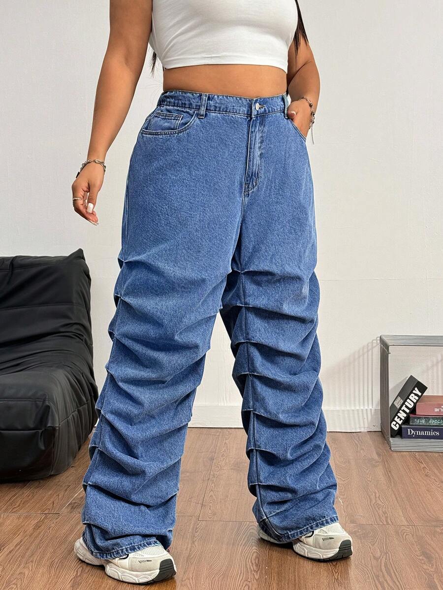 SHEIN EZwear Quần Jeans Denim Lưng Thun Màu Xanh Nhạt Phai Size Lớn - Rửa tối - Xem 1