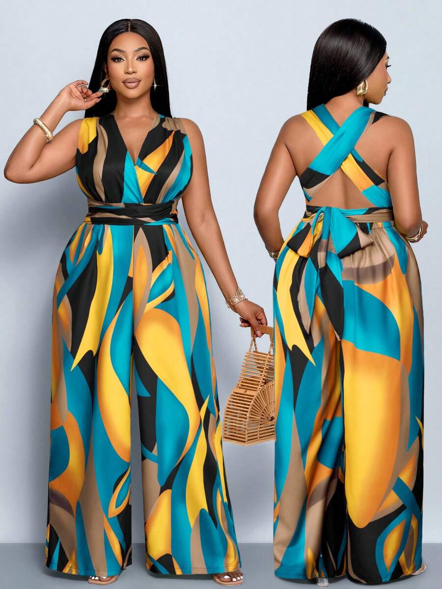 SOLERSUN 大码春夏时尚，优雅性感，情人节，婚礼季派对，音乐节，海滩，海滨度假，浪漫约会，露背领带，交叉腰带 - 黃色 - 查看 1