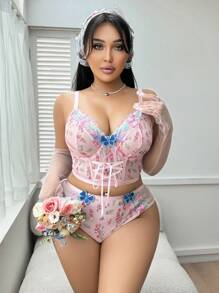 SHEIN 2 pezzi Completo intimo coordinato di reggiseno con ferretto e perizoma in rete ricamata per taglie forti
