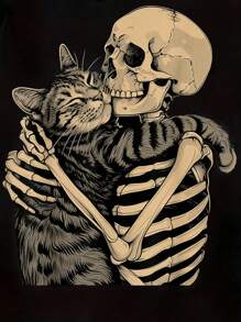 SHEIN LUNE 骷髅和猫咪印花休闲舒适百搭女士短袖 T 恤，适合居家和户外