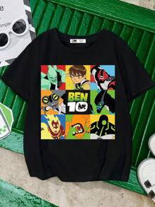 BEN 10 X SHEIN Maglietta nera a maniche corte con grafica a cartoni animati per ragazzi, adatta per l'estate