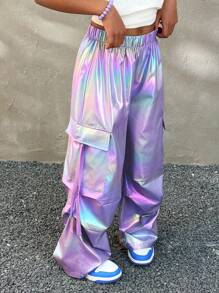 Coolane Kids Tween Girls Spring/Summer Pink Flap Pocket Side With Ribbon Drawstring Waist Wide Leg Parachute Cargo Pants Daily Casual Comfy Trousers - Mauve Purple - View 4