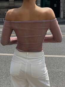 DAZY Women Off Shoulder Mesh Long Sleeve Fitted T-Shirt, Summer - Multicolor - View 4