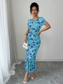 Elenzga Váy midi họa tiết hoa thanh lịch của Pháp có viền xếp nếp tay ngắn - Màu xanh lam - Xem 5