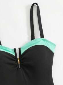 Swim Lushoire 1 pezzo Costume da bagno intero da donna con scollo a V, con reggiseno con ferretto, a blocchi di colore con costine