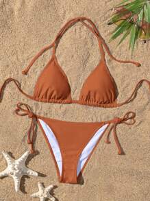 Swim Vcay Women's Solid Color Halter Neck Bikini Set, Suitable For Summer Vacation And Beach - Rust Brown - View 1
