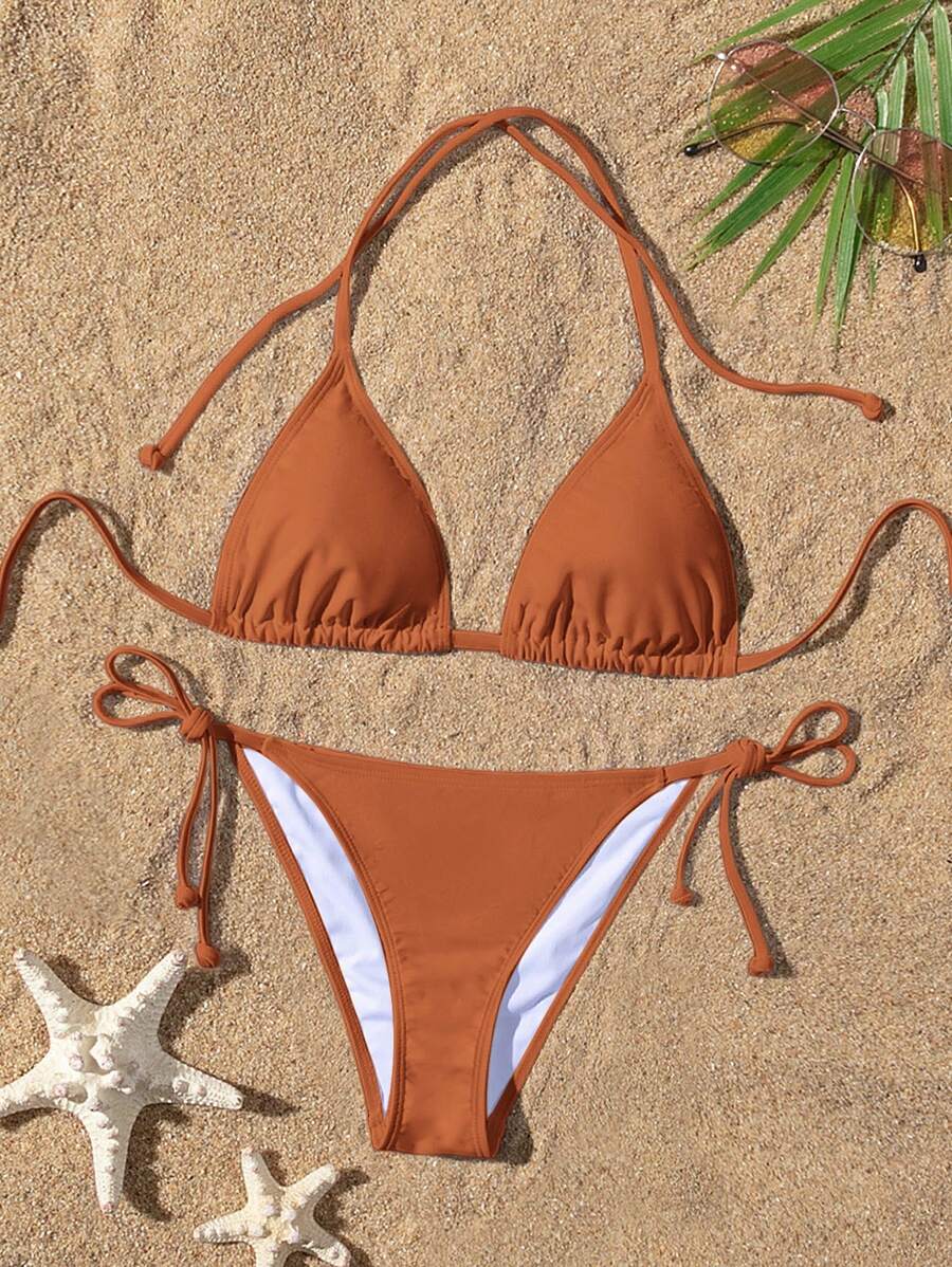 Swim Vcay Women's Solid Color Halter Neck Bikini Set, Suitable For Summer Vacation And Beach - Rust Brown - View 1