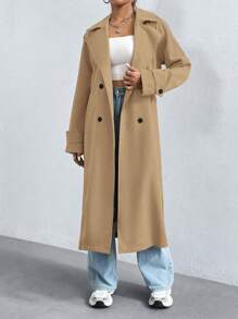 SHEIN Unity Áo khoác trench coat hai hàng khuy trơn màu thường ngày dành cho nữ - Màu Khaki - Xem 4