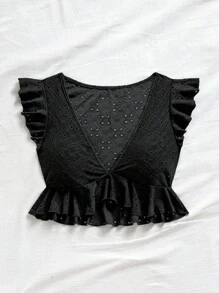 Soleia Eyelet Embroidery Ruffle Trim Crop Top - Black - View 8