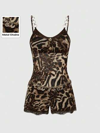 Mono ajustado con decoración de cadena y estampado de leopardo para mujer