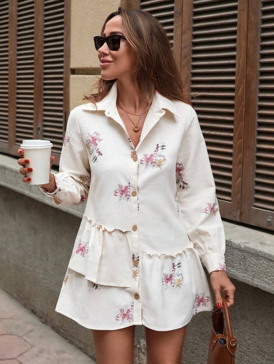 SHEIN Cottnline 刺绣印花长袖短裙 - 彩色 - 查看 1