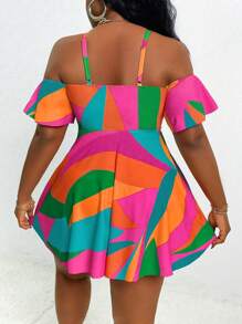 Slaydiva Set di costumi da bagno estivi per donne taglie forti, con spalline a nastro, spalle scoperte, arricciature e pantaloni a vita alta