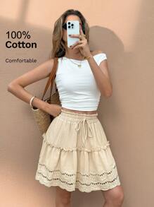 SHEIN Frenchy 女士纯色荷叶边下摆系腰休闲短裙 - 杏色 - 查看 1