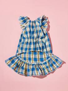 PETSIN 1 件田园风格蓝色格子蕾丝边盖袖可爱宠物狗连衣裙 - 藍色 - 查看 6
