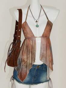 SHEIN ICON Damen Urlaubs Sexy Mesh Glockenärmel Neckholder Top Boho Abschluss Ostern Festival Flughafen, Rave Top, durchsichtiges Top