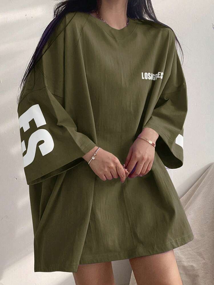 Women's Letter Print Round Neck Drop Shoulder Loose Casual T-Shirt Oversized T-Shirt