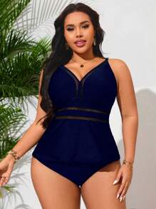 Swim Lushoire Women's Plus Size Black Solid Color Slimming Swimwear Two Pieces Set, Casual Vacation Beach Outfit For Summer - Navy Blue - View 3
