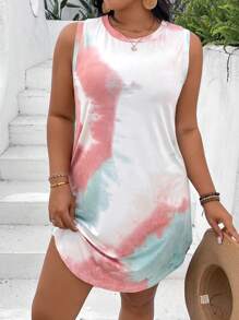 SHEIN VCAY Plus Size Tie-Dye Print Casual Vacation Dress