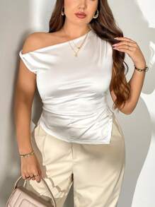 Firerie 1pc Plus Size Women Asymmetric Neck Asymmetrical Ruffle Hem Summer T-Shirt, Suitable For Wedding, Vacation, Office Wear Women Plus Tops Women Spring Tops Women Summer Blouses Women Shirt Work Blouse Women