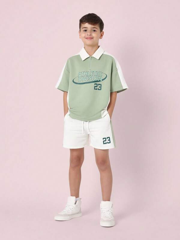 SUMWON Conjunto de top polo con cremallera de 1/4 y pantalones cortos deportivo para jóvenes y adolescentes varones. Conjunto de entrenamiento deportivo de verano y primavera con división número 23
