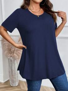 Women's Solid Color Short Sleeve Round Neck T-Shirt, Plus Size, Fashionable For Summer - Dusty Blue - View 6