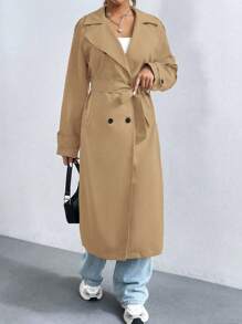 SHEIN Unity Áo khoác trench coat hai hàng khuy trơn màu thường ngày dành cho nữ - Màu Khaki - Xem 3