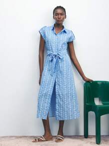 Maija Embroidered Sleeveless Wide Shoulder Resort Light Blue Bowknot Design Shirt Dress, Suitable For Summer Beach Holiday - Multicolor - View 3