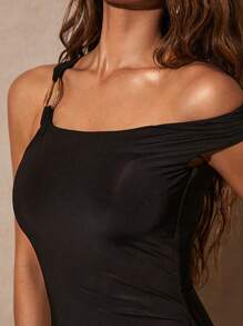 Silquee Summer Outfits For Women, Summer, Summer Dresses For Women, Classy Elegant Dresses Black Solid Color Asymmetrical Neckline Metal Decoration Elegant Dresses For Summer - Black - View 4
