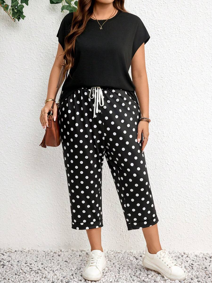 SHEIN LUNE 2 件套加大码套装纯色圆领短袖上衣和波点印花裤 - 黑與白 - 查看 1