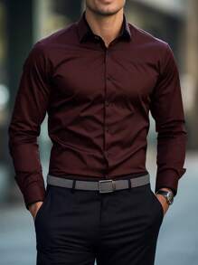 Manfinity Homme 男士纯色单排扣休闲商务衬衫 - 棕色 - 查看 3