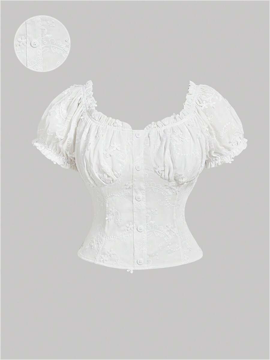 SHEIN MOD Spring And Summer New Plus Size Women Floral Embroidery Blouse, French Elegant Women White Top, Suitable For Summer Tops,Plus Women Blouses,Summer Blouse,Button Down Shirt,Flower Top,Curve Plus Tops - White - View 1