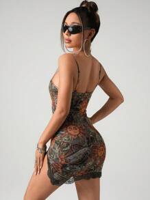 SHEIN ICON Women's  Y2k Spring Beach Boho Green Fashion Vacation Sexy Women's Simple Fashionable Paisley Print  Sun Face Print Slim Fit Camisole Summer Western Wear Women Mini Dress - Multicolor - View 2