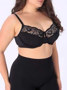 SHEIN 1pc Women Plus Size Lace Patchwork Underwire Bra - Black - View 4