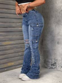 SHEIN SXY Women's Fashion Casual Slim Fit Cargo Jeans - Light Wash - View 1