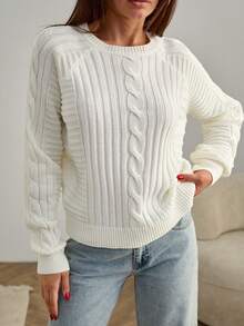 SHEIN White Cable Knit Sweater – Crew Neck Loose Fit Textured Knitwear Pullover #CableKnit #OversizedStyle #WinterFashion,Jumper,Cream Jumper,Jumpers For Women,Jumpers,Black Jumper,Womens Jumper,Women's Jumper,Women's Jumpers