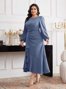 Modelyn Plus-size effen jurk met lange mouwen, modieus voor de zomer