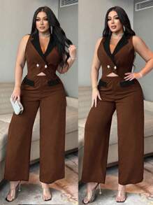 SHEIN Unity 2 Stücke/Set Damen Große Größen eleganter schwarzer & weißer Kontrast Hosenanzug aus Weste und Hose, Knopf-Dekor zusammenpassendes Outfit - Verschiedenfarbig - Übersicht 1